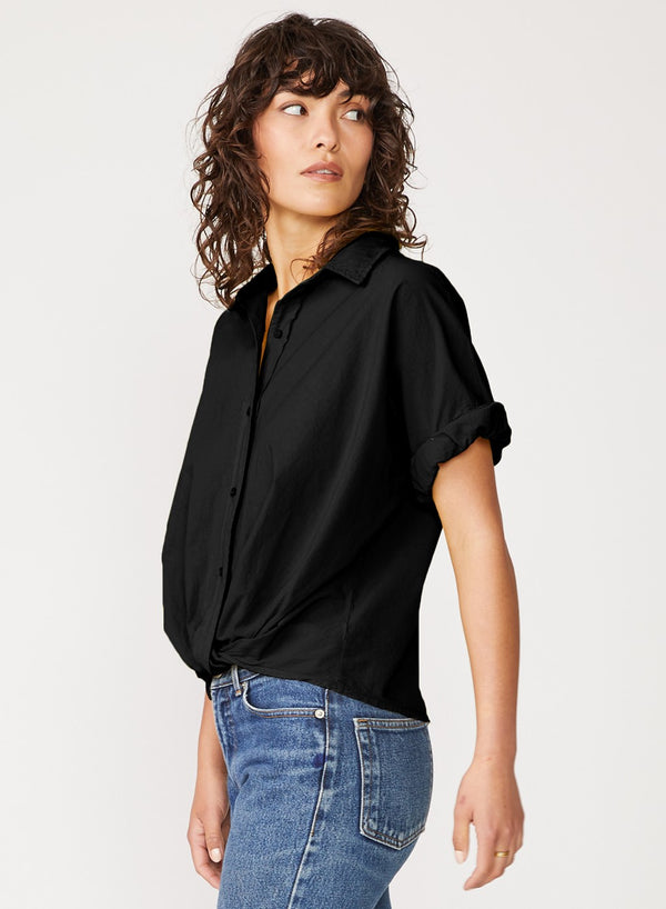 Stateside Voile Short Sleeve Front Twist Button Up Shirt In Black