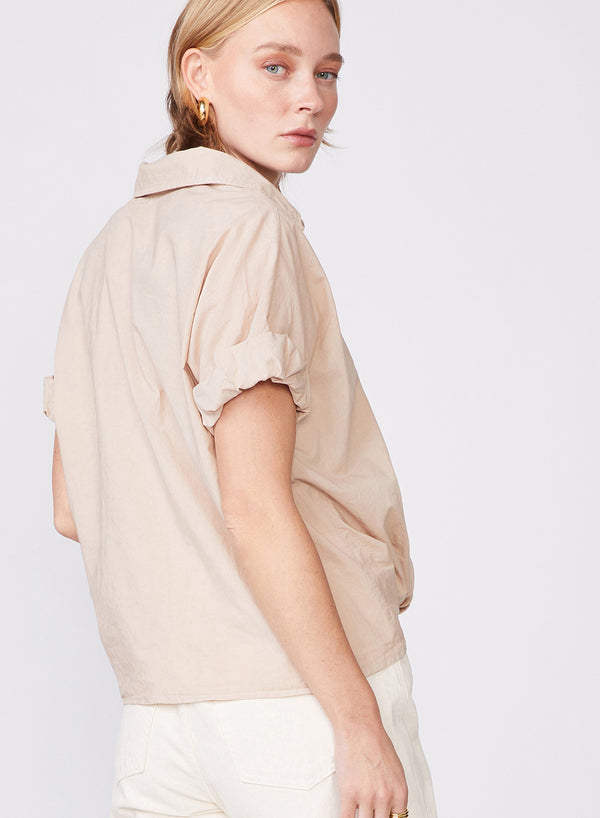 Stateside Voile Short Sleeve Front Twist Button Up Shirt In Wheat