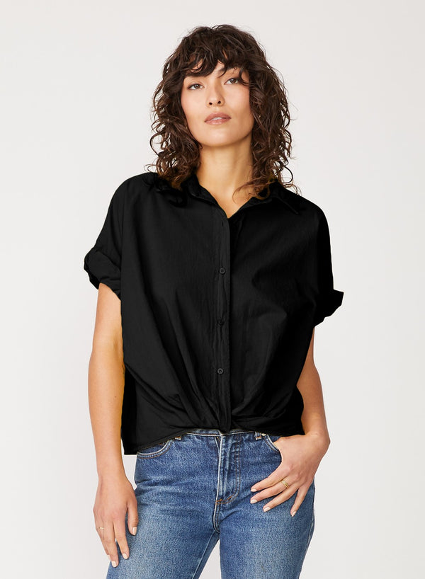 stateside Voile Short Sleeve Front Twist Button Up Shirt in Black