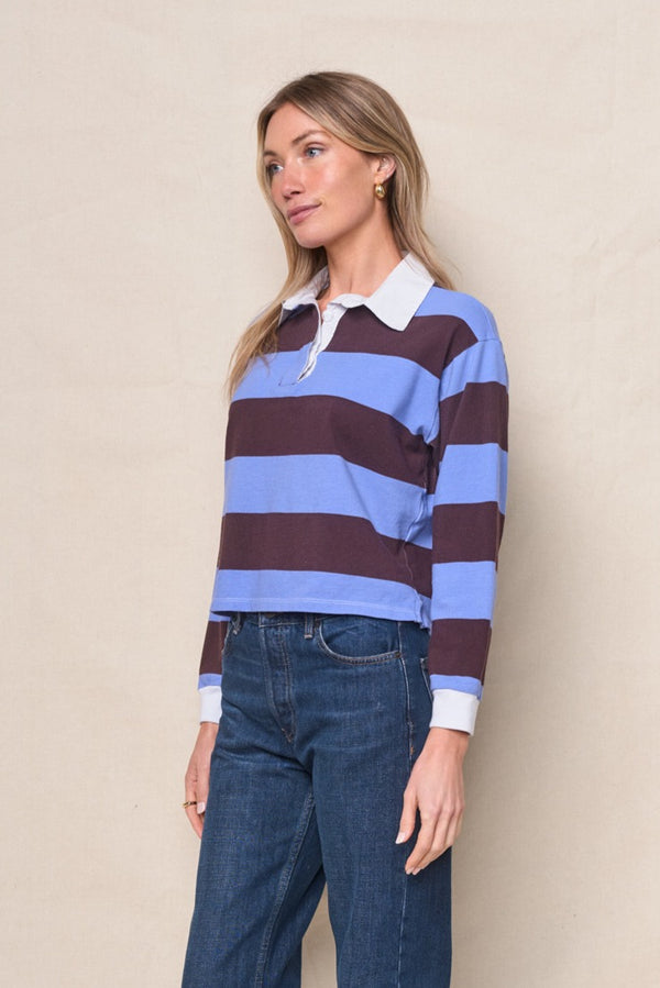 Stateside Wide Stripe Pique Cropped Polo In Cabernet/Blue Topaz