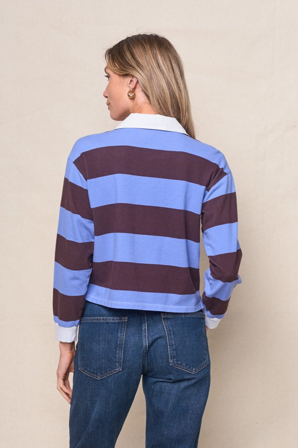 Stateside Wide Stripe Pique Cropped Polo In Cabernet/Blue Topaz