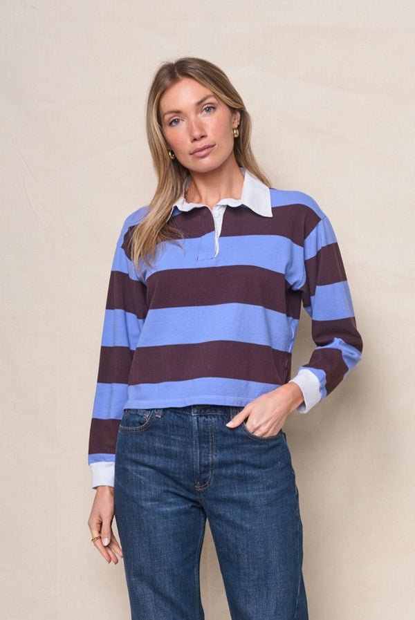 stateside Wide Stripe Pique Cropped Polo in Cabernet/Blue Topaz