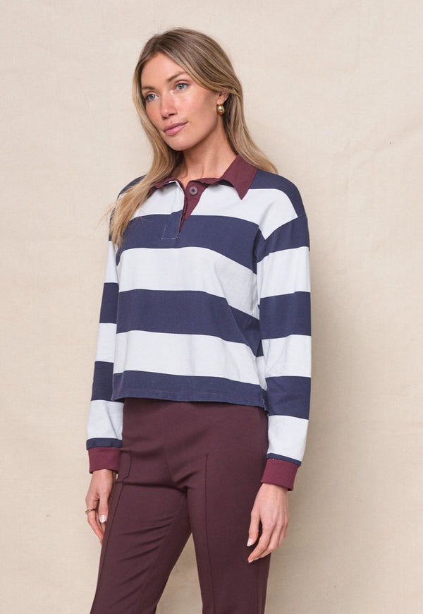Stateside Wide Stripe Pique Cropped Polo In New Navy/Cream