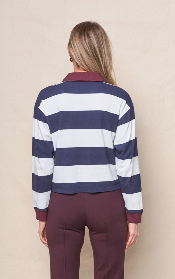 Stateside Wide Stripe Pique Cropped Polo In New Navy/Cream