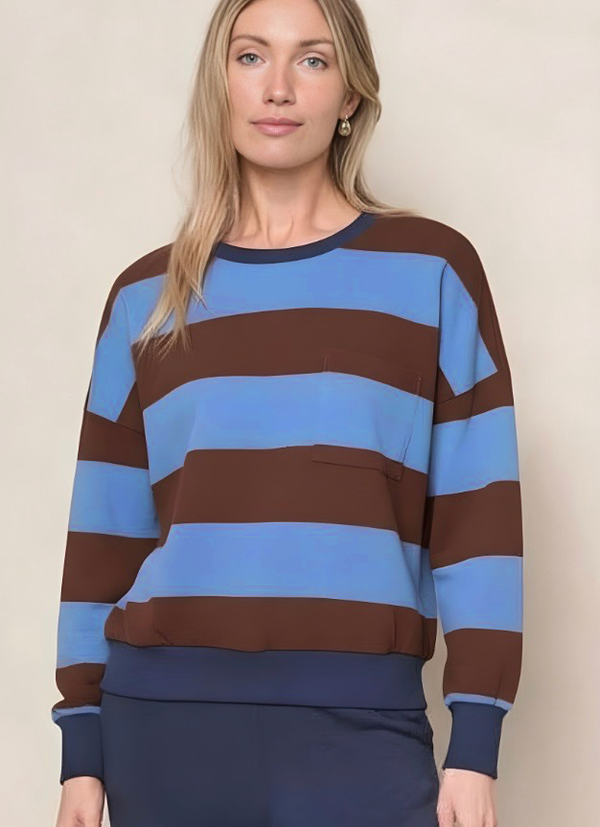 stateside Wide Stripe Pique Oversized Sweatshirt Tee in Cabernet/Blue Topaz