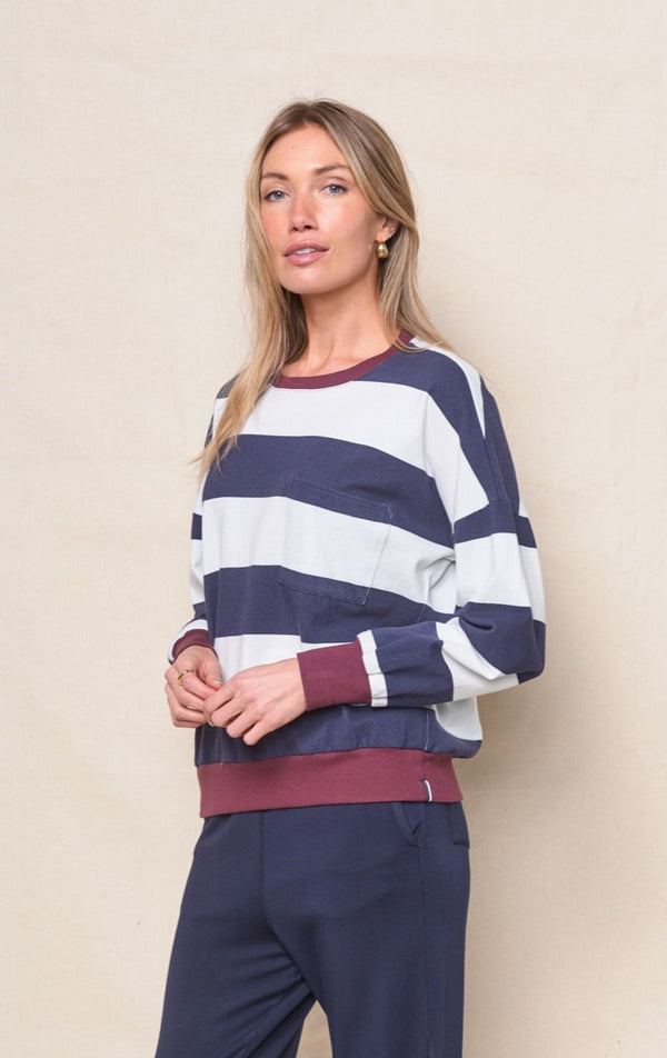 Stateside Wide Stripe Pique Oversized Sweatshirt Tee In New Navy/Cream