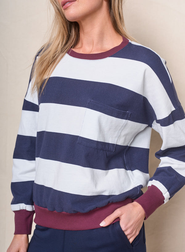 Stateside Wide Stripe Pique Oversized Sweatshirt Tee In New Navy/Cream
