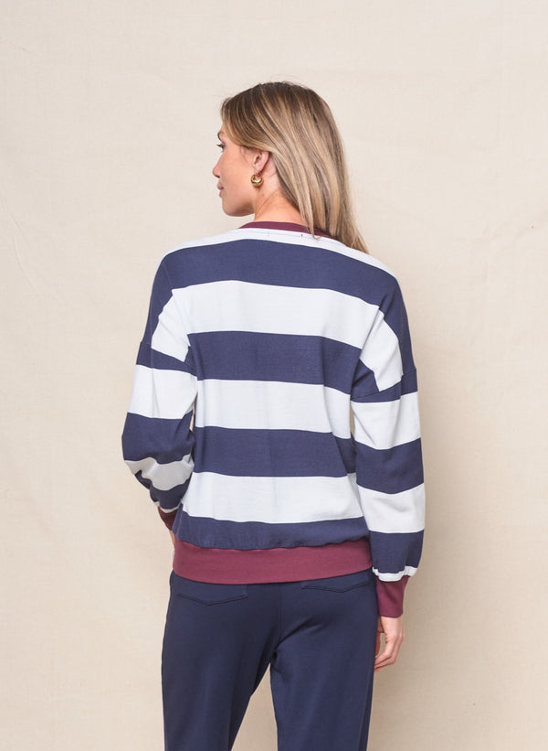 Stateside Wide Stripe Pique Oversized Sweatshirt Tee In New Navy/Cream