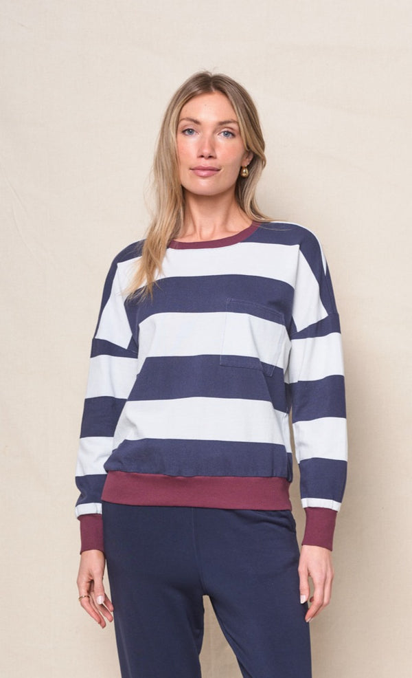 stateside Wide Stripe Pique Oversized Sweatshirt Tee in New Navy/Cream