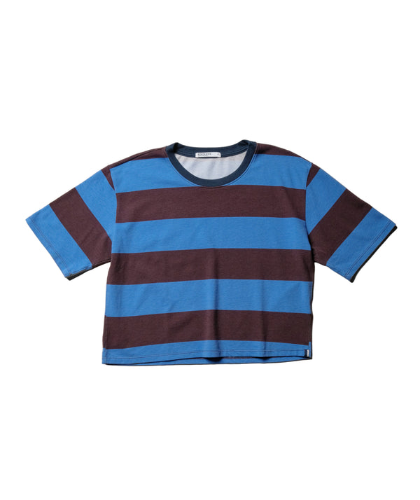 Stateside Wide Stripe Pique Short Sleeve Boxy Crew In Cabernet/Blue Topaz