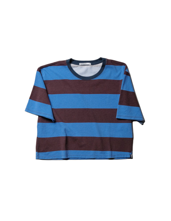 Stateside Wide Stripe Pique Short Sleeve Boxy Crew In Cabernet/Blue Topaz
