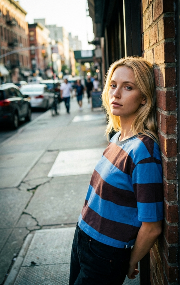 stateside Wide Stripe Pique Short Sleeve Boxy Crew in Cabernet/Blue Topaz