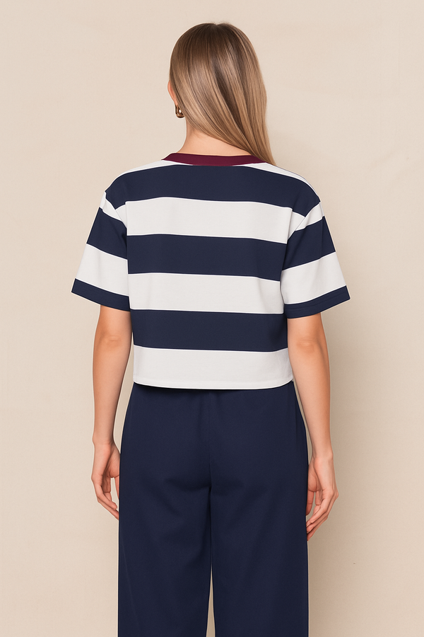 Stateside Wide Stripe Pique Short Sleeve Boxy Crew In New Navy/Cream