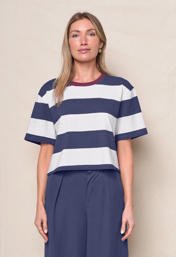 stateside Wide Stripe Pique Short Sleeve Boxy Crew in New Navy/Cream