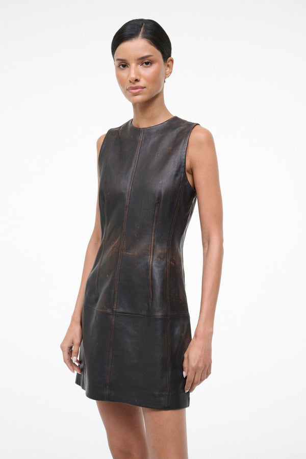 Staud BINX LEATHER DRESS DISTRESSED BROWN