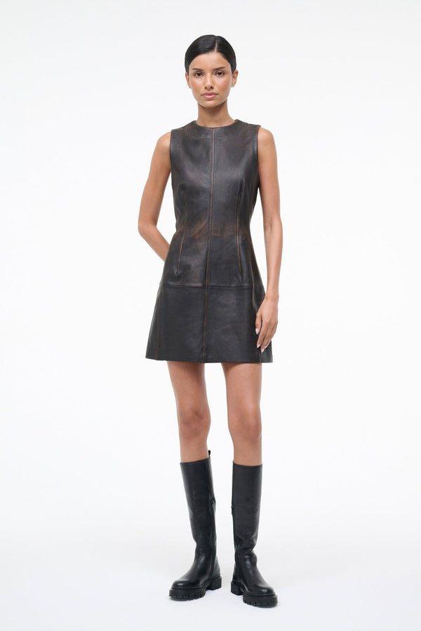 staud BINX LEATHER DRESS DISTRESSED BROWN