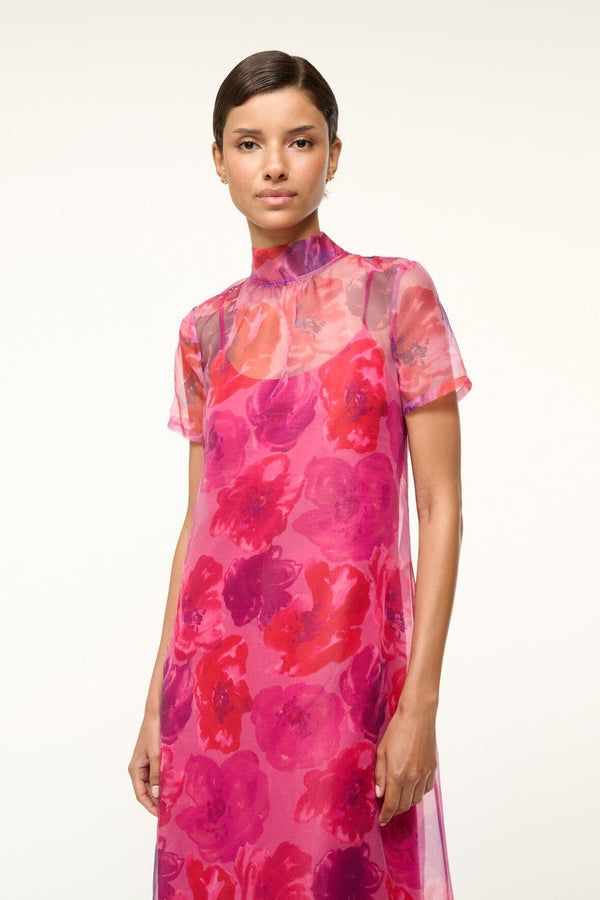 Staud CALLUNA DRESS MAGENTA PAINTED FLORAL