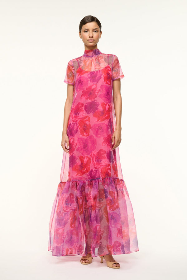 staud CALLUNA DRESS MAGENTA PAINTED FLORAL