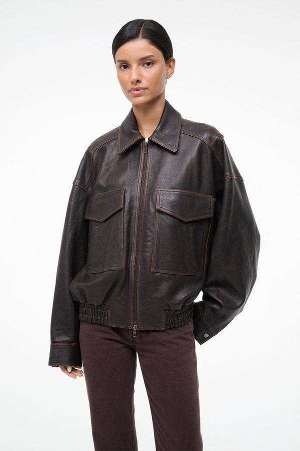 Staud EUGENE LEATHER JACKET DISTRESSED BROWN