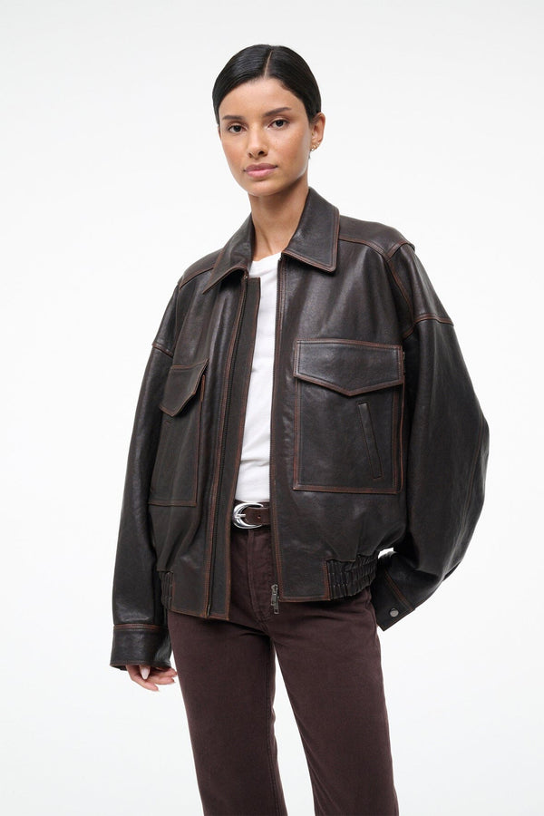 staud EUGENE LEATHER JACKET DISTRESSED BROWN