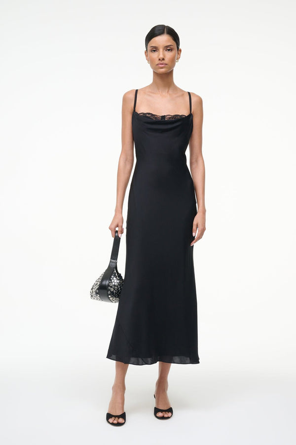 staud EVANGELINE SILK MIDI DRESS BLACK