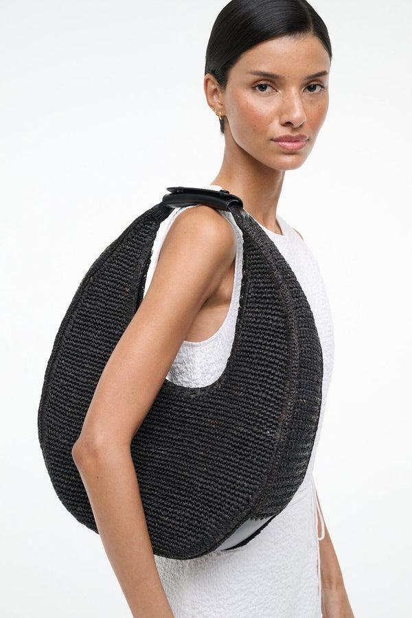 Staud LARGE RAFFIA MOON TOTE BAG BLACK RAFFIA