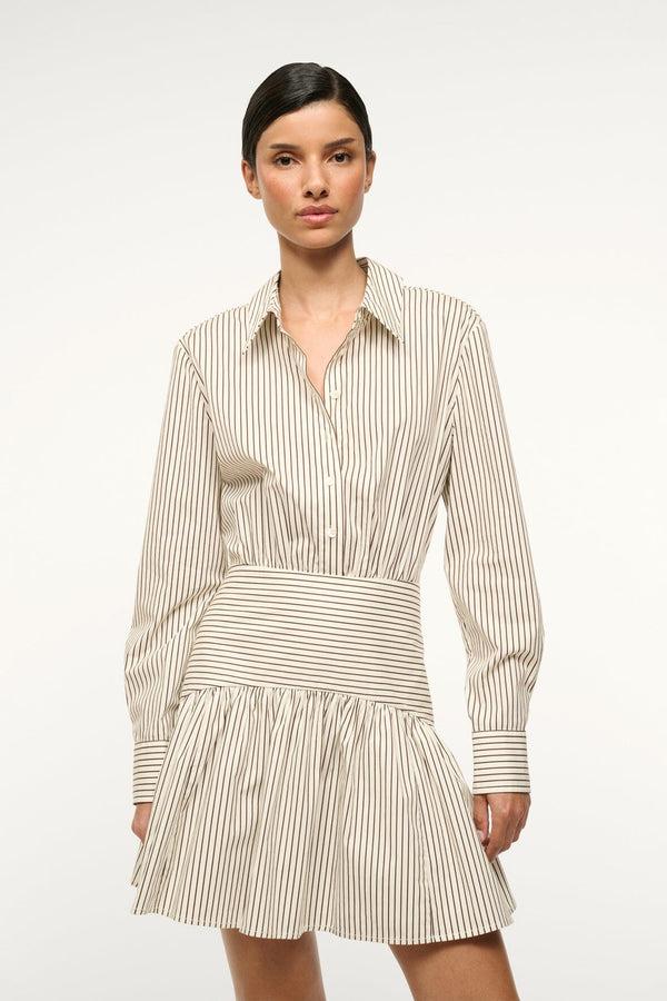 Staud ROCCO MINI DRESS IVORY DARK OAK MICRO STRIPE