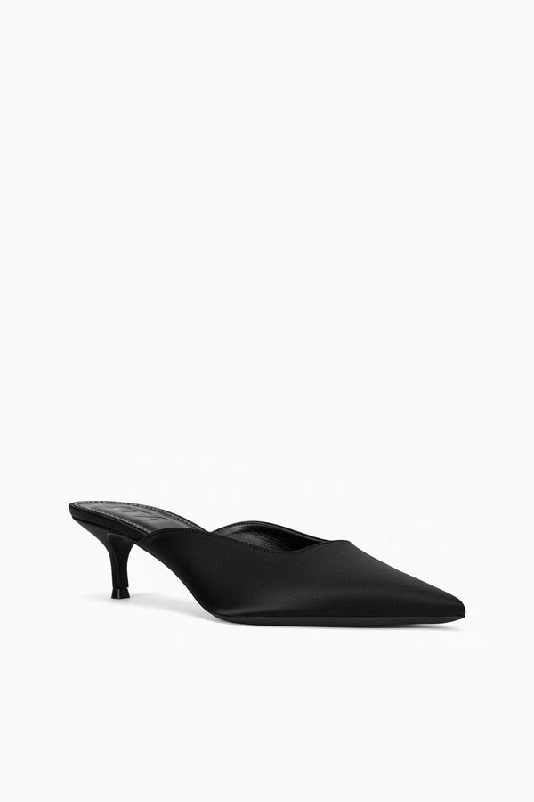 Staud SEBASTIAN KITTEN HEEL MULE BLACK SATIN