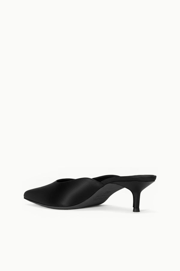 Staud SEBASTIAN KITTEN HEEL MULE BLACK SATIN