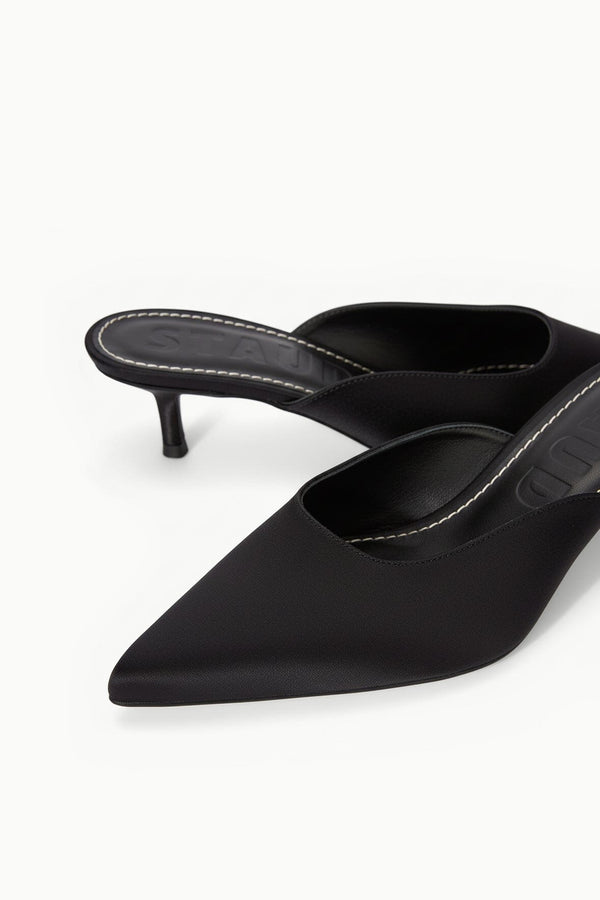 Staud SEBASTIAN KITTEN HEEL MULE BLACK SATIN