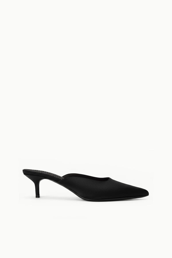 staud SEBASTIAN KITTEN HEEL MULE BLACK SATIN