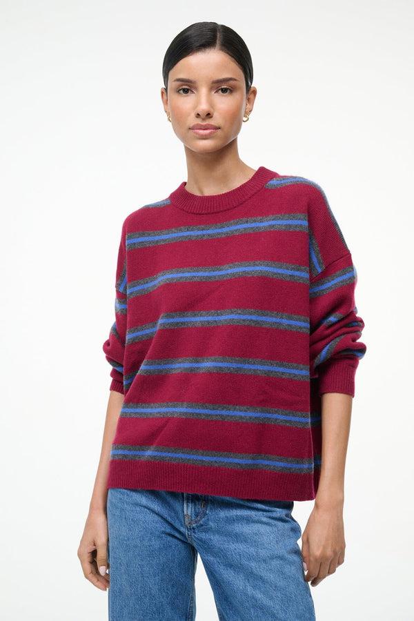 Staud SERRANO CASHMERE RELAXED CREW CRIMSON STRIPE