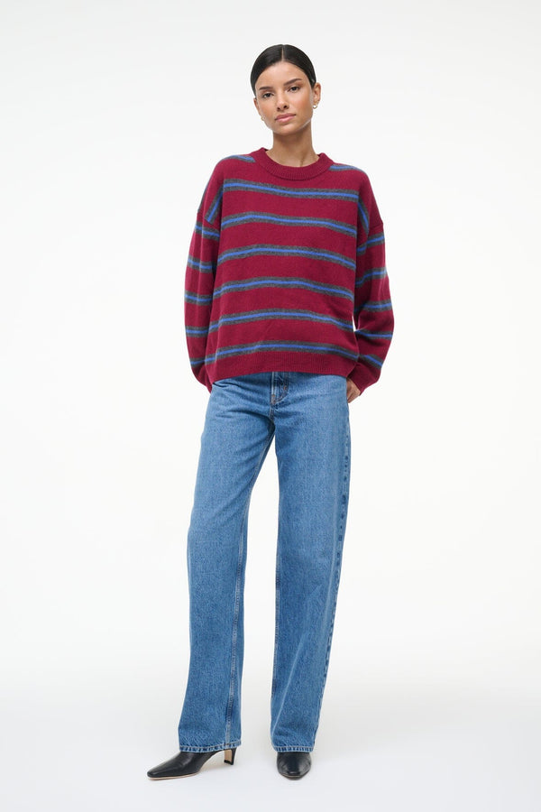 staud SERRANO CASHMERE RELAXED CREW CRIMSON STRIPE