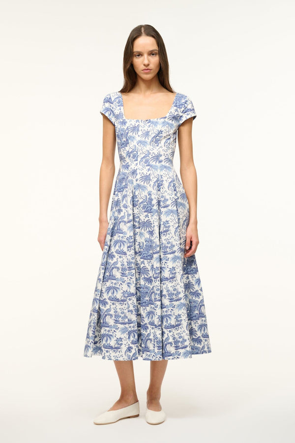 staud SHORT SLEEVE WELLS DRESS BLUE TOILE