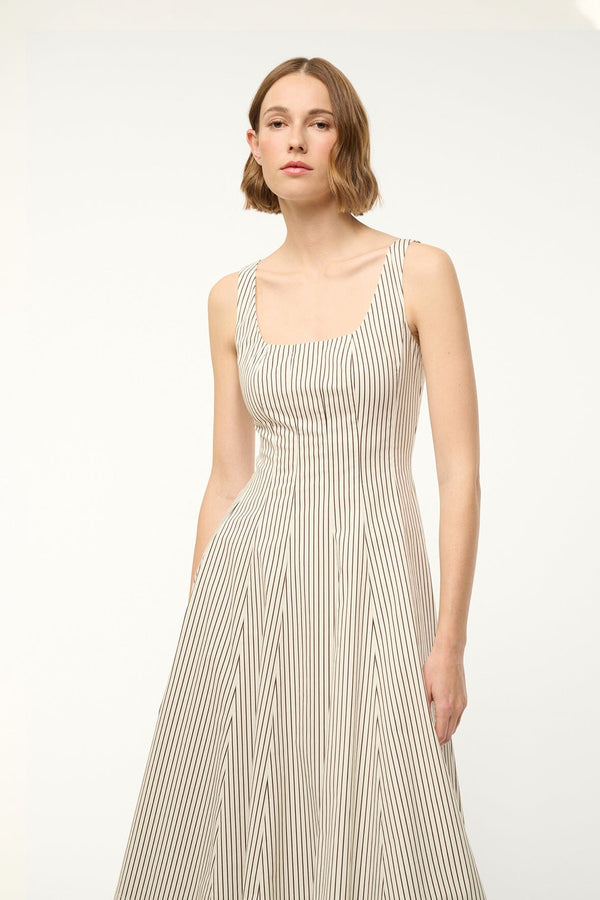 Staud WELLS DRESS IVORY DARK OAK MICRO STRIPE