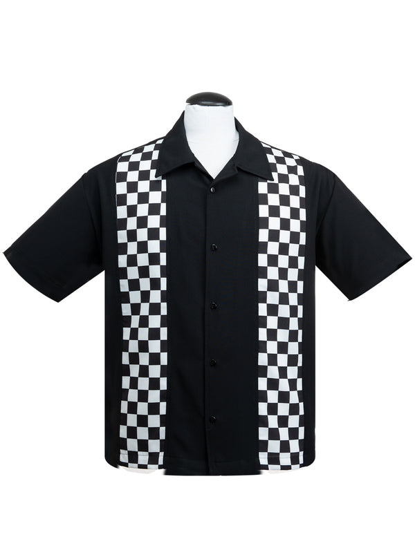 steady clothing Checkered Mini Panel Bowling Shirt in Black/White