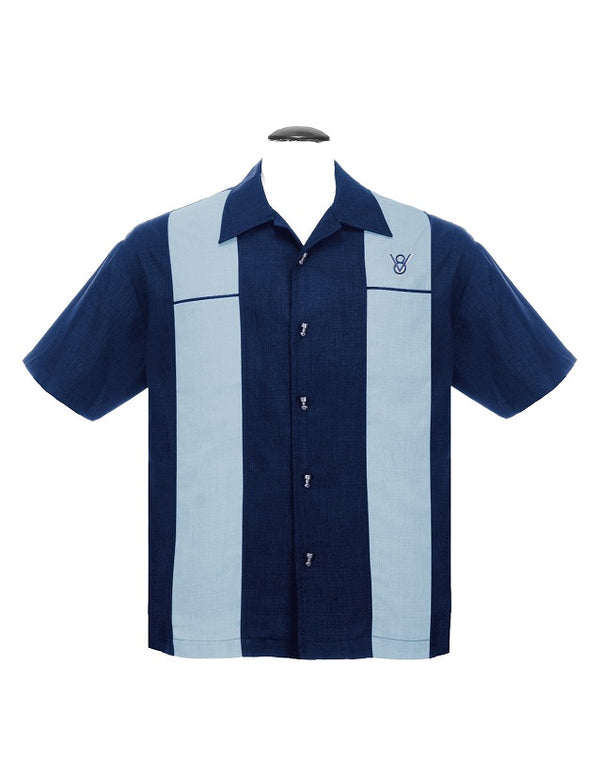 steady clothing Classy Piston Bowling Shirt in Navy/Lt Blue