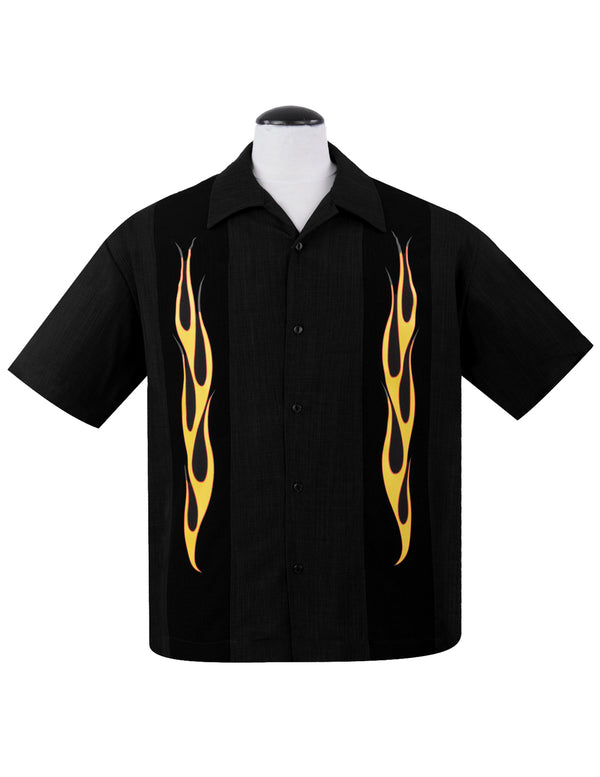 steady clothing Flame N Hot Bowling Shirt in Black/Orange