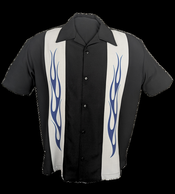 steady clothing Flame N Hot Bowling Shirt in Black w/Silver/Blue