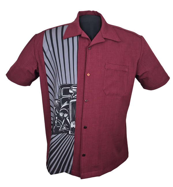 Steady Clothing Hot Rod Burst Bowling Shirt In Burgundy