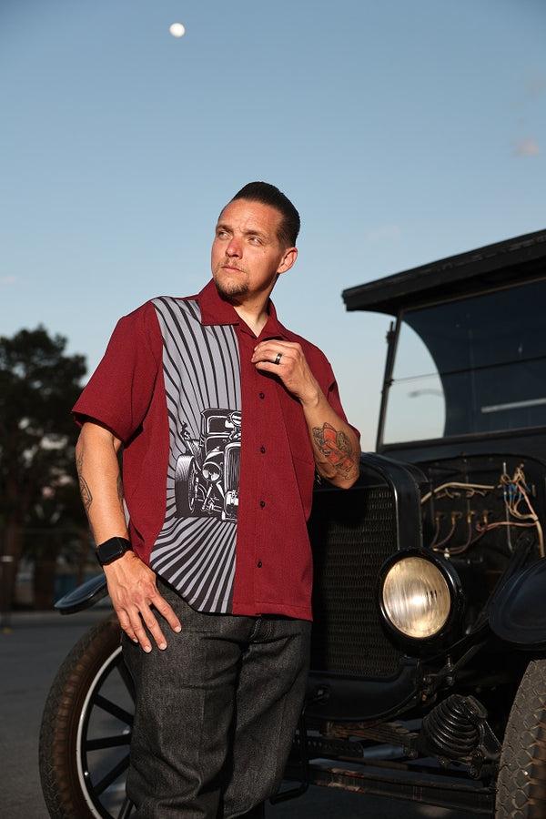 steady clothing Hot Rod Burst Bowling Shirt in Burgundy
