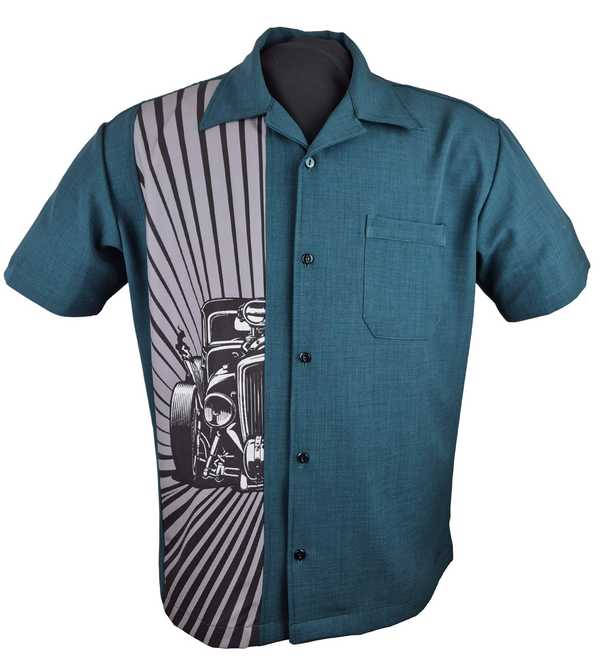 steady clothing Hot Rod Burst Bowling Shirt in Teal