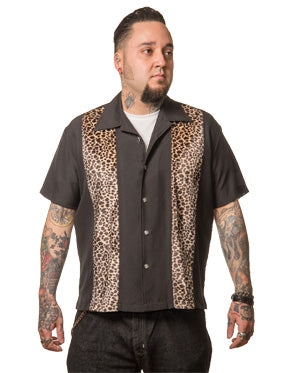 Steady Clothing Leopard Panel Bowling Shirt In Black