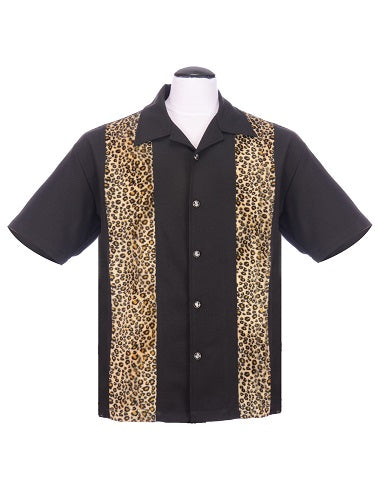 steady clothing Leopard Panel Bowling Shirt in Black