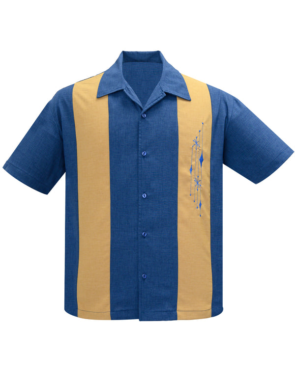 steady clothing Mid Century Marvel Bowling Shirt in Blue/Mustard