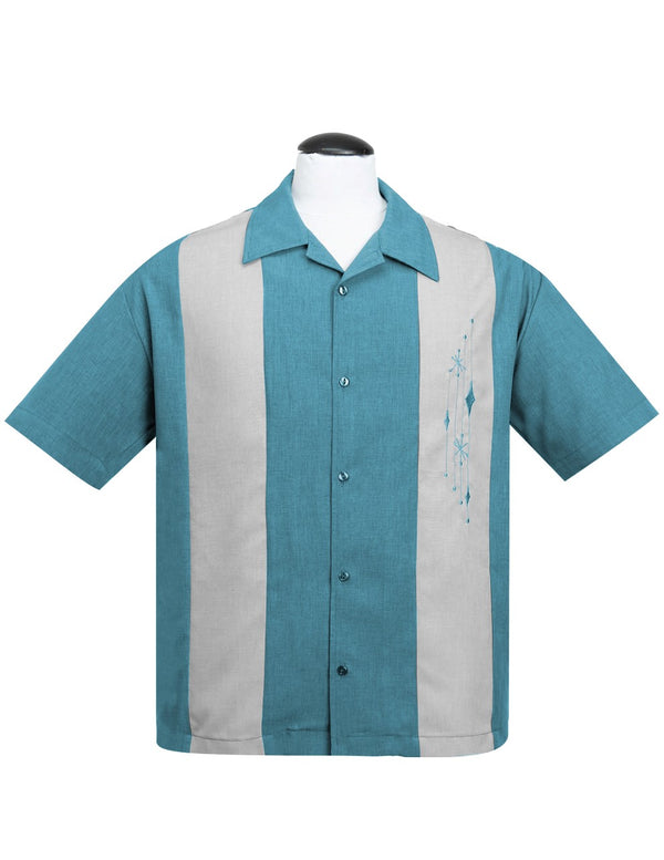 steady clothing Mid Century Marvel Bowling Shirt in Pacific/Silver