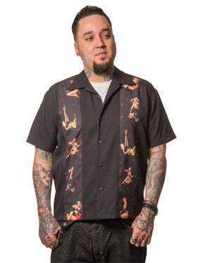 Steady Clothing Multi Pinup Panel Bowling Shirt In Black