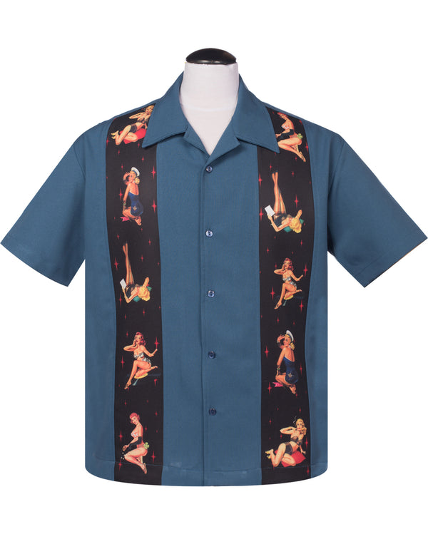 steady clothing Multi Pinup Panel Bowling Shirt in Blue