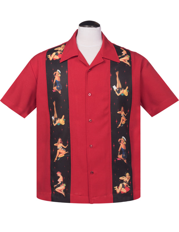 steady clothing Multi Pinup Panel Bowling Shirt in Red