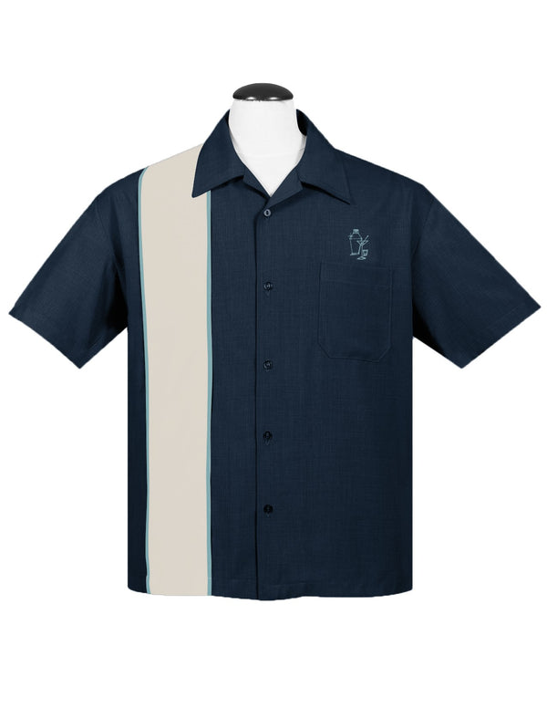 steady clothing Palm Springs Cocktail Bowling Shirt in Denim/Cream/Aqua